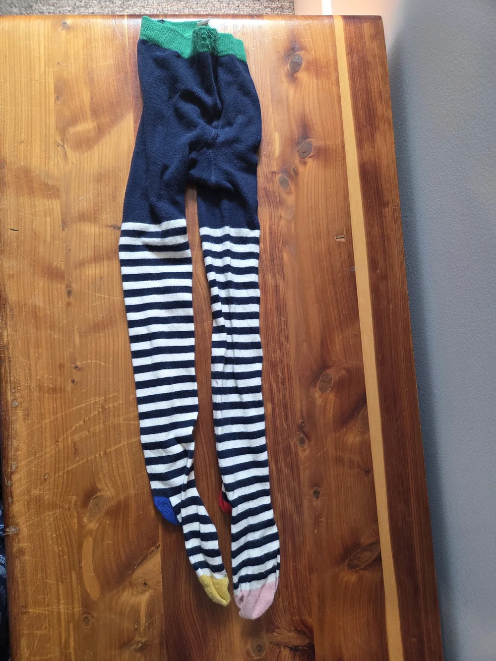 Mini Boden Navy and White Striped Kids Tights with Multicolor Accents 6/7